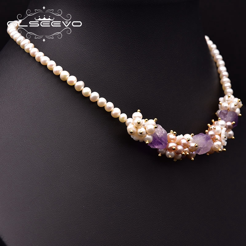 Pearl Trim Chain - GLSEEVO ไข่มุกน้ําจืดธรรมชาติสร้อยคอสั้นผู้หญิงครบรอบเปลือกดอกไม้ Handmade เครื่องประดับ GN0261