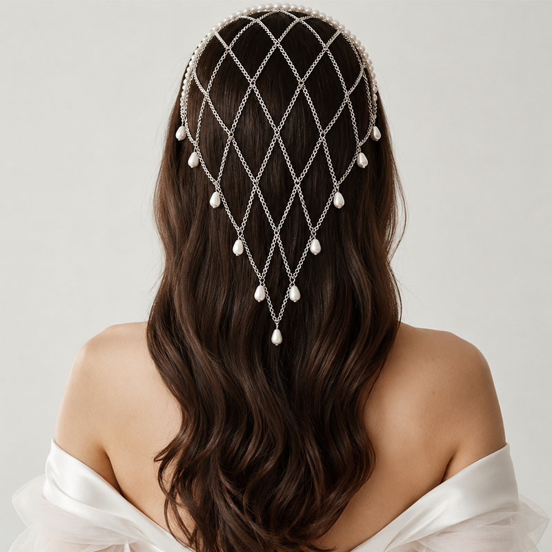 Beaded Trim Fringe - ตาข่ายคลุมศีรษะประดับมุกเทียม พร้อมพู่ลูกปัดทรงหยดน้ำ ผ้าคลุมหน้าเจ้าสาวแบบทางเลือก เครื่องประดับผมสำหรับงานแต่งงานที่หรูหรา